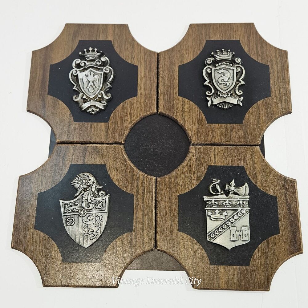 Vtg Wood Medieval Crests Coat of Arms Wall Decor Plaques Royal Family Set Of 4